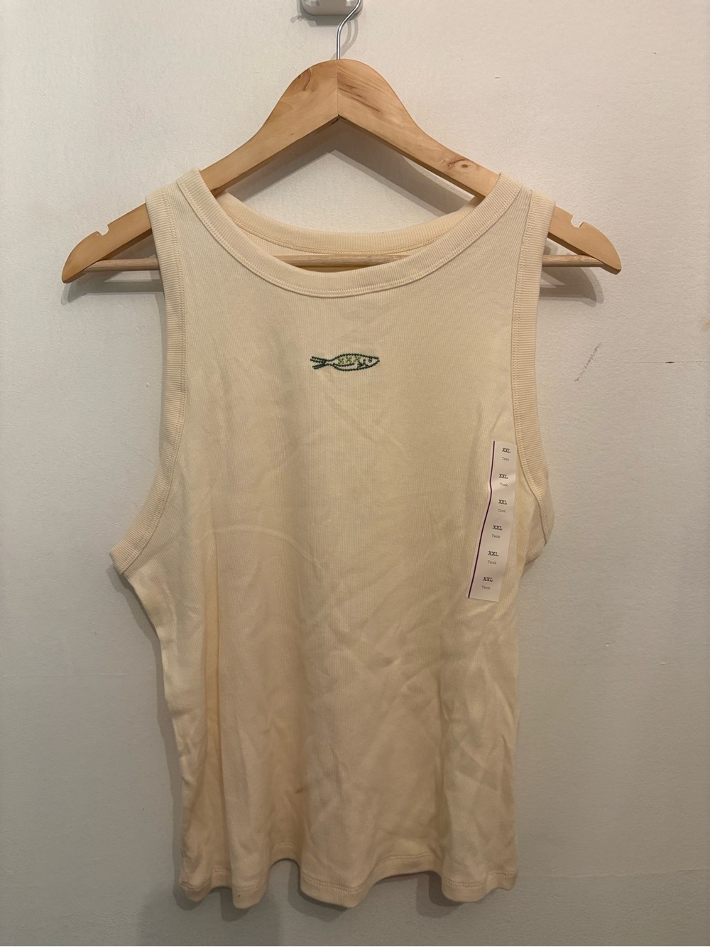 a new day Cream Tank Top with Small Green Fish Embroidery